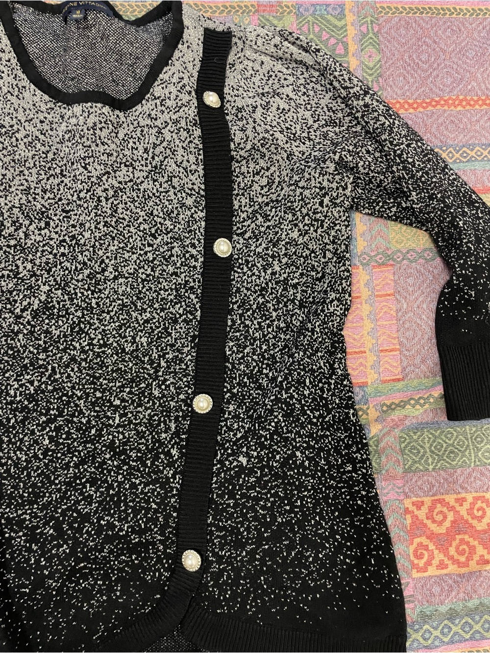 Black and White Adrienne Vittadini  Gradient Cardigan Sweater with Pearl Buttons